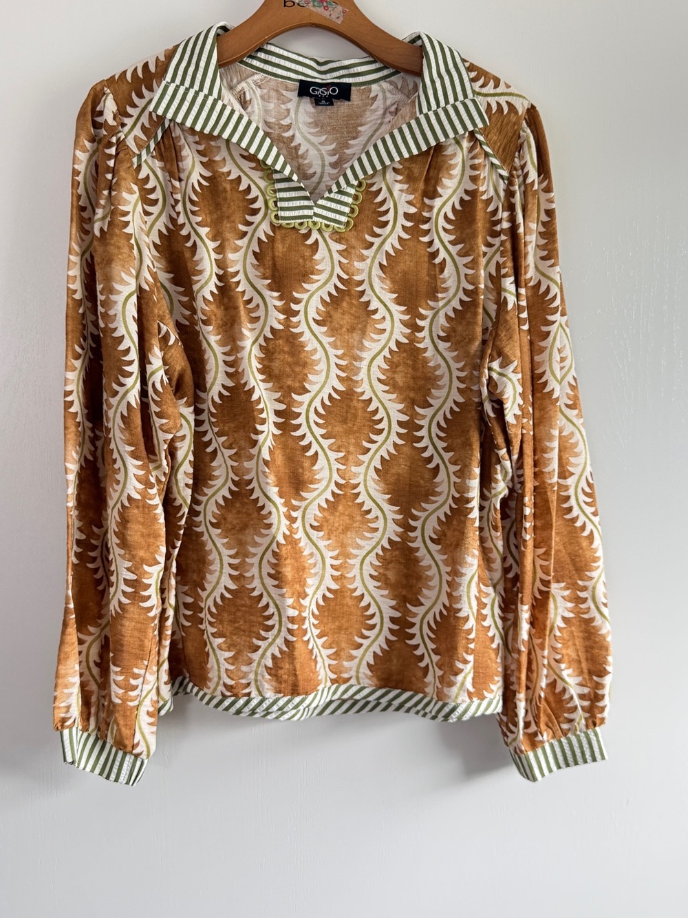 Gigio Brown Printed Long-Sleeve Blouse with Green Striped Trim and Lace